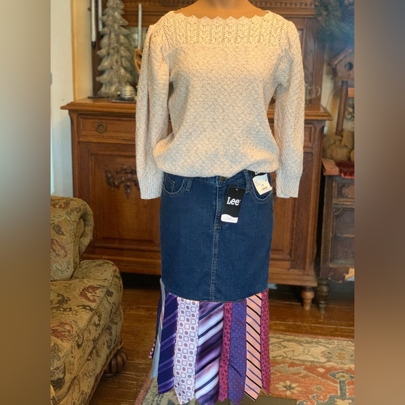 Lee Denim Skirt Jeans Ties Upcycled Repurposed Altered Clothes Hippie OOAK NEW - Picture 4 of 6